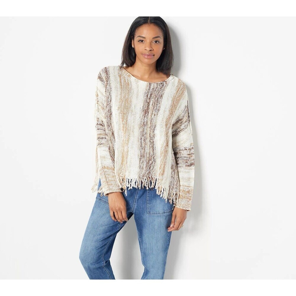Laurie Felt Women Medium Large Baja Sweater with Fringe Cream Brown Poncho